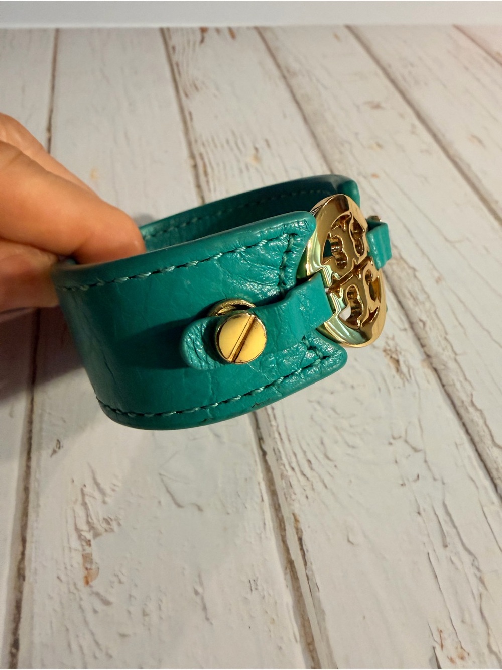 Tory Burch Teal Leather Logo Cuff with Gold Medallion - Picture 5 of 11